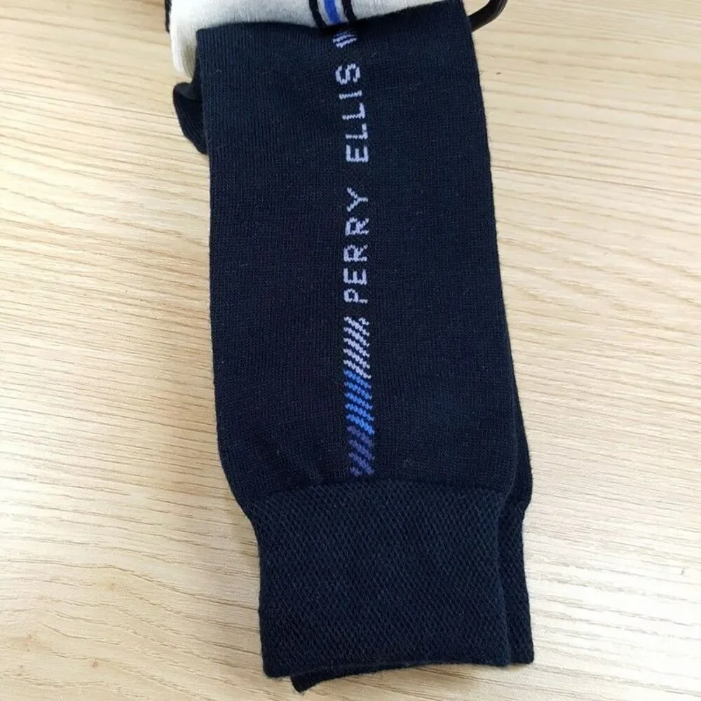 PERRY ELLIS Crew Dress Socks White Black Navy 3-Pack Moisture Wicking Logo